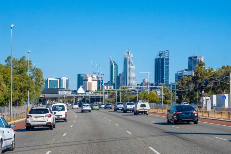 Perth freeway, cars commuting to city for work. Car wash perth CBD