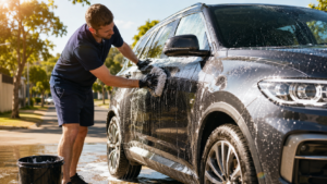 Hand car wash service in Victoria Park, Perth — professional detailer washing SUV exterior