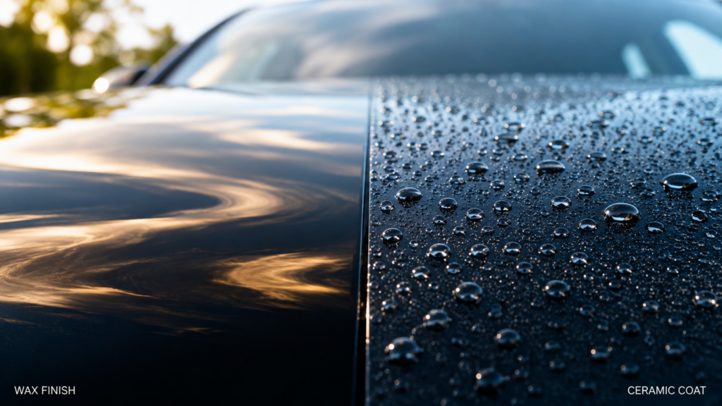 Close-up comparison of car paint with a glossy wax finish on the left and a ceramic-coated surface with water beading on the right.