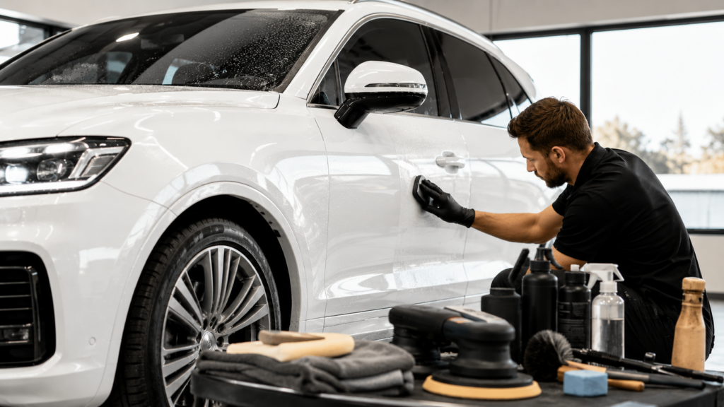 Luxury white SUV car detailing service