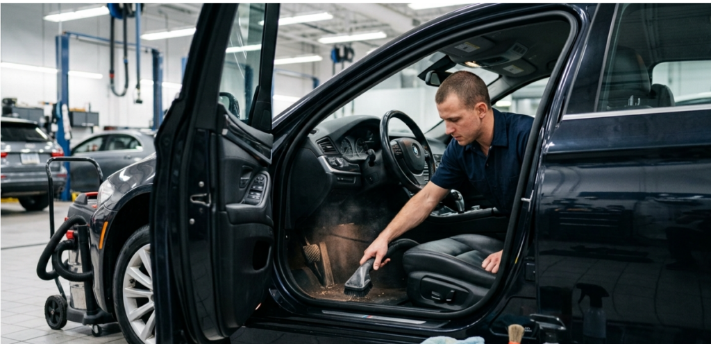 A professional detailer vacuuming the interior footwell of a black car in a workshop.