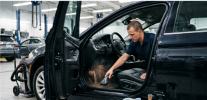 A professional detailer vacuuming the interior footwell of a black car in a workshop.