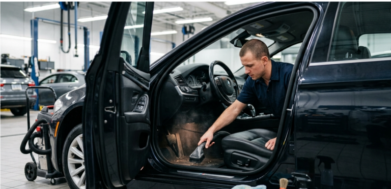 A professional detailer vacuuming the interior footwell of a black car in a workshop.