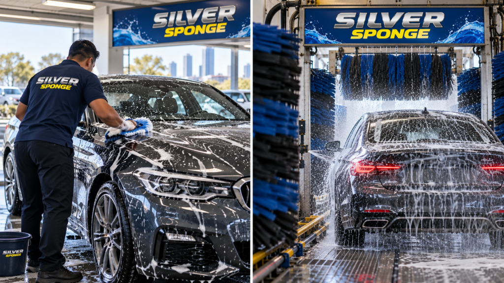 Hand car wash compared with an automatic car wash with rotating brushes